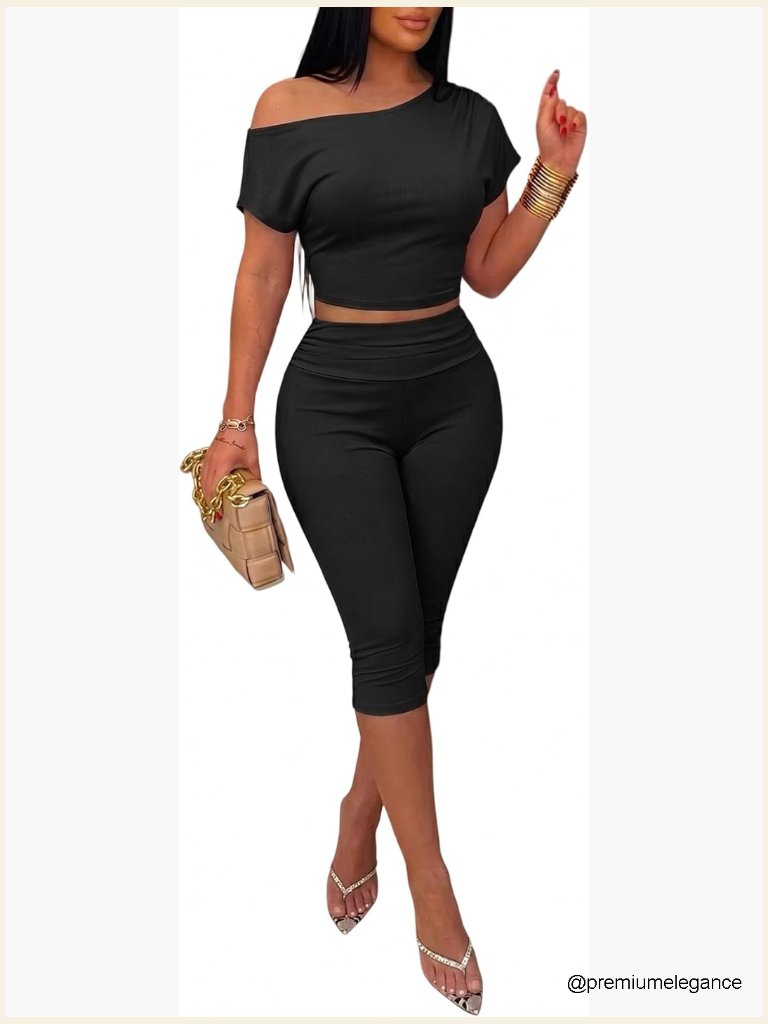Off Shoulder Crop Top & Capri Pants Set Ribbed Knit Lounge Two Piece